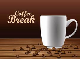 coffee break lettering poster with cup and seeds in wooden table vector