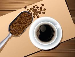 Cartel de pausa para el café con taza y semillas en una cuchara de fondo de madera vector