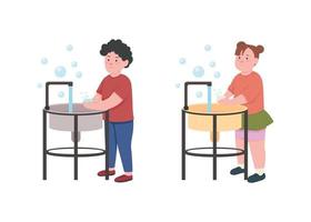 Kids wash hands with soap flat color vector faceless character set