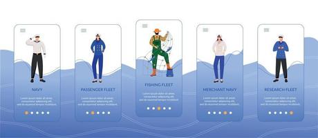 Types of sea fleets onboarding mobile app screen vector template