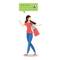 Woman with positive review bubble semi flat RGB color vector illustration