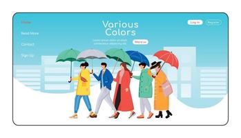 Various color umbrellas landing page flat color vector template