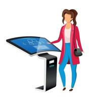 Woman using digital signage board flat color vector faceless character