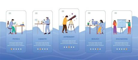 Science branches characters onboarding mobile app screen vector template