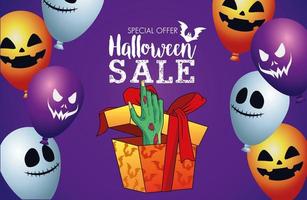 cartel de temporada de venta de halloween con mano de muerte saliendo de regalo y globos de helio vector