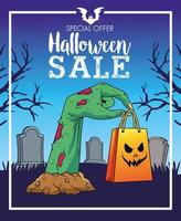 halloween sale seasonal poster with death hand lifting shopping bag in cemetery vector