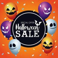 cartel de temporada de venta de halloween con globos de helio vector