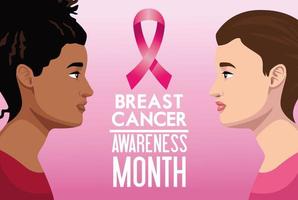 cartel de la campaña del mes de concientización sobre el cáncer de mama con pareja de chicas interraciales vector
