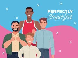 perfectly imperfect people group characters with blue and pink background vector