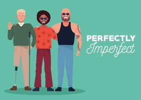 perfectamente imperfecto tres personas en fondo verde vector