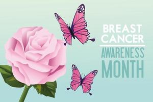 cartel de la campaña del mes de concientización sobre el cáncer de mama con mariposas y rosa vector