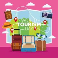 world tourism day lettering celebration with paper map and set icons vector