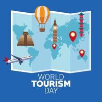 world tourism day lettering celebration with paper map and monuments vector