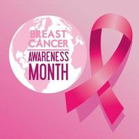 breast cancer awareness month campaign poster with ribbon pink and planet earth vector