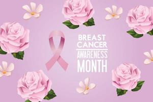 breast cancer awareness month campaign poster with ribbon pink and roses vector