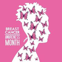 Cartel de la campaña del mes de concientización sobre el cáncer de mama con mariposas en silueta de mujer vector