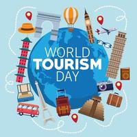 world tourism day lettering celebration with earth planet and set icons vector