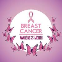 cartel de la campaña del mes de concientización sobre el cáncer de mama con marco circular de mariposas y cinta vector
