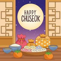 happy chuseok celebration with food indoor and fullmoon vector
