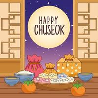 feliz celebración chuseok con comida interior y luna llena vector