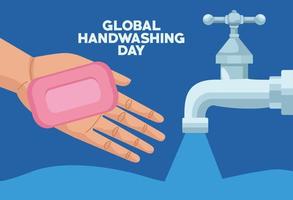 global handwashing day campaign with hand using soap bar and water faucet vector