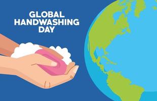 global handwashing day campaign with hands and soap bar in earth planet vector