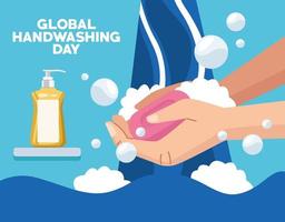 global handwashing day campaign with hands and soap bar vector