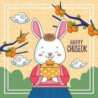 feliz celebración de chuseok con conejo levantando regalo y ramas de árboles vector