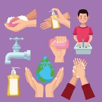 lavado de manos, higiene, conjunto, iconos vector