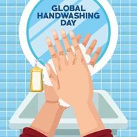 global handwashing day campaign with hands and foam in bathroom vector