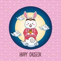 feliz celebración chuseok con conejo levantando fruta naranja en luna llena vector