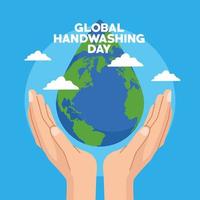 global handwashing day campaign with hands protecting earth planet in water drop vector