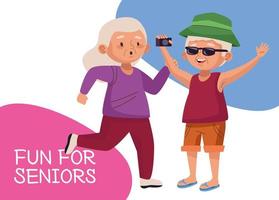 old couple tourist with camera photographic and lettering active seniors characters vector