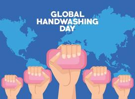 global handwashing day campaign with hands and soap bars in earth planet vector