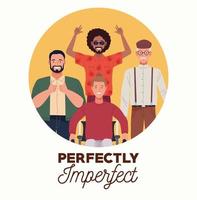 Personajes de grupos de personas perfectamente imperfectos en marco circular. vector