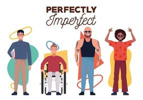 perfectly imperfect people group characters and geometric figures background vector