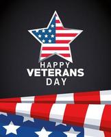 Feliz día de los veteranos letras con la bandera de Estados Unidos en estrella fondo negro vector