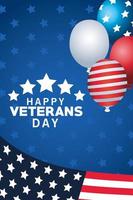 Feliz día de los veteranos letras con bandera de Estados Unidos y globos de helio vector
