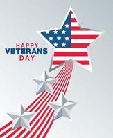 happy veterans day lettering with usa flag in star gray background vector