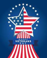 happy veterans day lettering with usa flag in star and ribbon frame vector