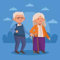 old couple walking with cane active seniors characters vector