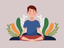 young man in lotus position with leafs scene vector