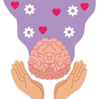 mental health day with hands lifting human brain and gears vector