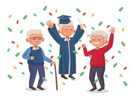 old men group with confetti active seniors characters vector