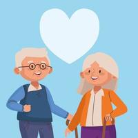 old couple walking with canes and heart active seniors characters vector