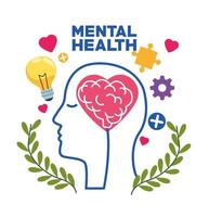 mental health day human profile and heart with icons vector