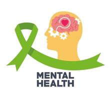 mental health day human profile and heart in brain with ribbon campaign vector