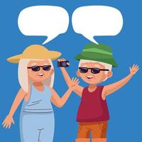 old couple tourist with camera and speech bubble active seniors vector