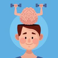 mental health day man with brain lifting dumbbells vector