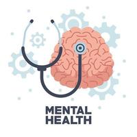 mental health day human brain with stethoscope and gears machinery vector